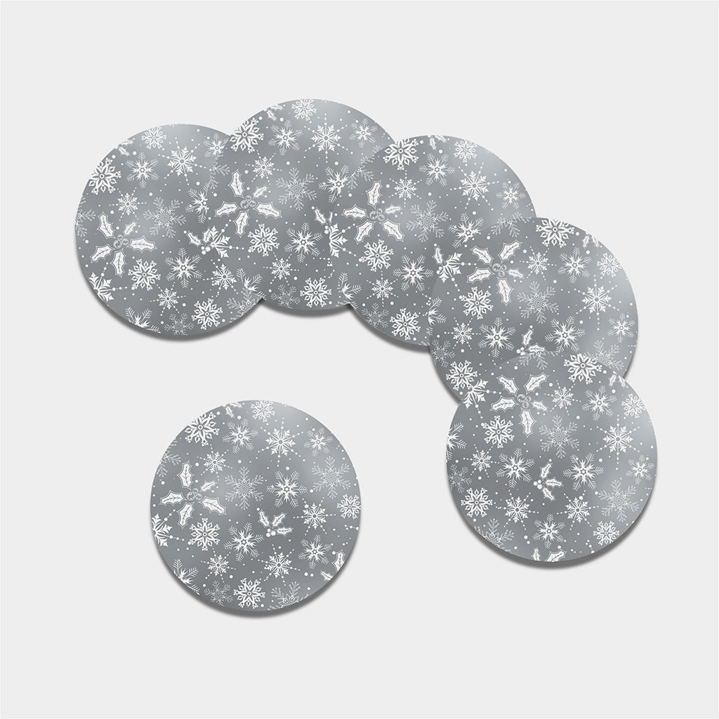 Silver And White Snowflake Pattern Print Leather Coaster Set