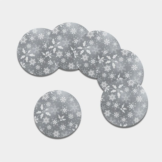 Silver And White Snowflake Pattern Print Leather Coaster Set