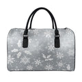 Silver And White Snowflake Pattern Print Leather Duffel Bag