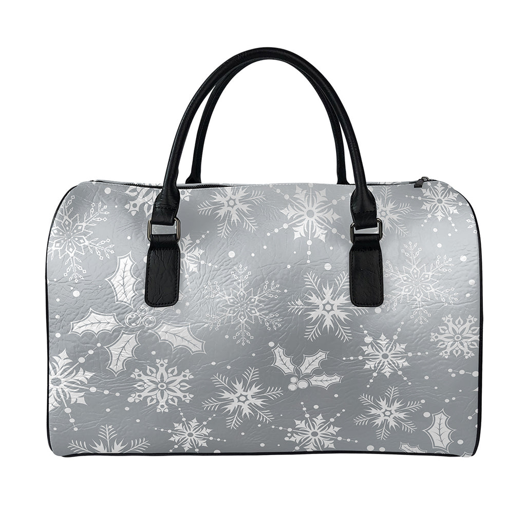 Silver And White Snowflake Pattern Print Leather Duffle Bag