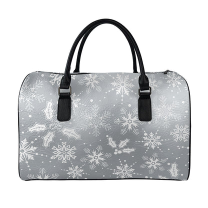 Silver And White Snowflake Pattern Print Leather Duffle Bag