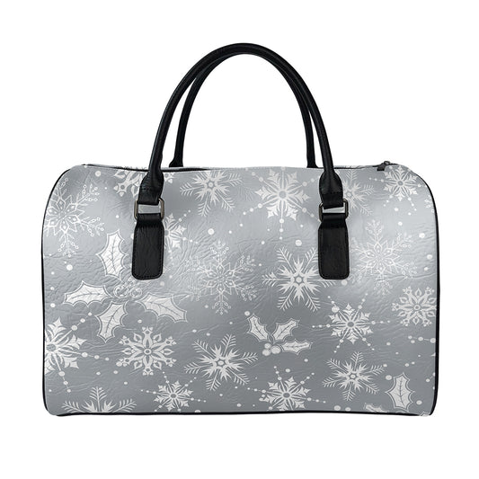 Silver And White Snowflake Pattern Print Leather Duffle Bag