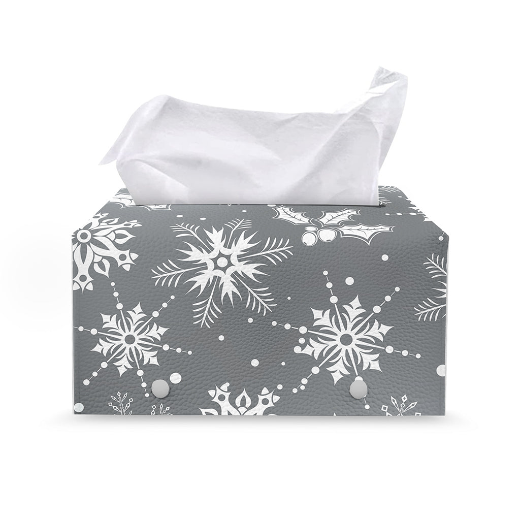 Silver And White Snowflake Pattern Print Leather Tissue Box Cover