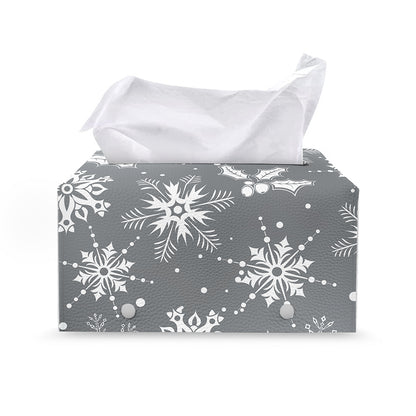 Silver And White Snowflake Pattern Print Leather Tissue Box Cover