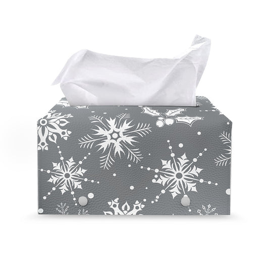 Silver And White Snowflake Pattern Print Leather Tissue Box Cover