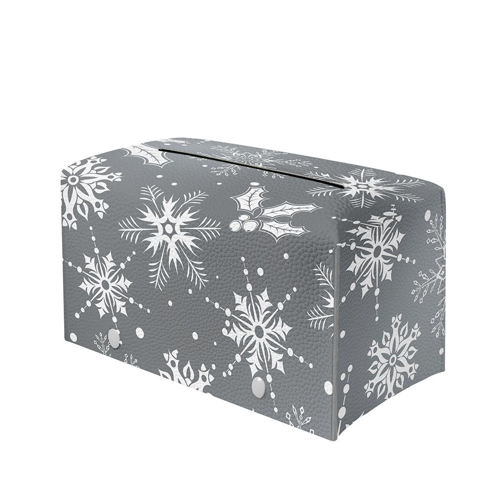 Silver And White Snowflake Pattern Print Leather Tissue Box Cover