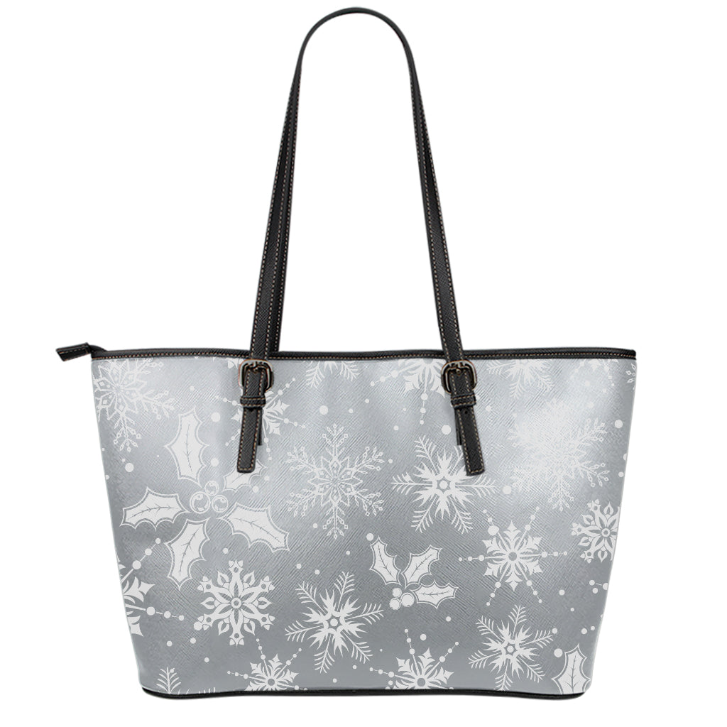 Silver And White Snowflake Pattern Print Leather Tote Bag