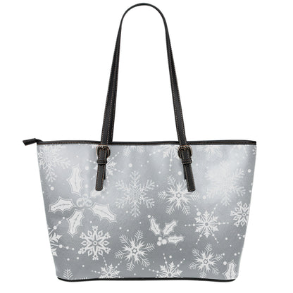 Silver And White Snowflake Pattern Print Leather Tote Bag