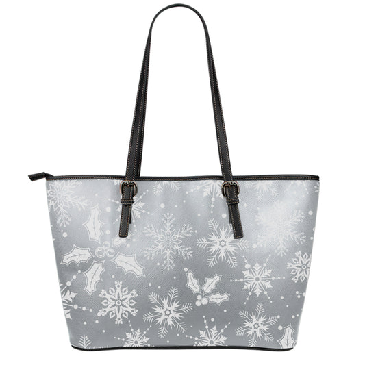 Silver And White Snowflake Pattern Print Leather Tote Bag
