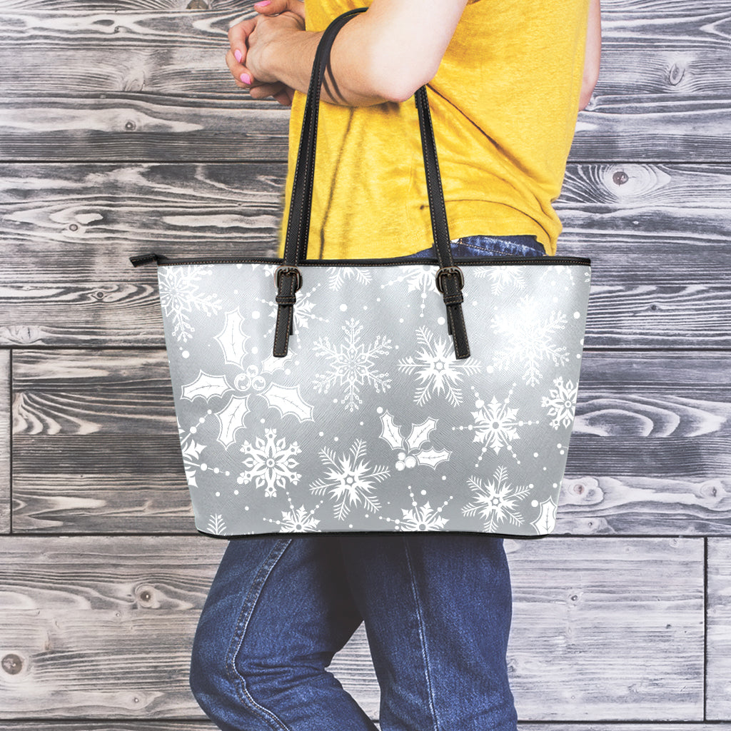 Silver And White Snowflake Pattern Print Leather Tote Bag