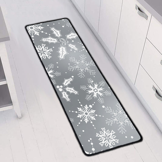 Silver And White Snowflake Pattern Print Long Kitchen Mat