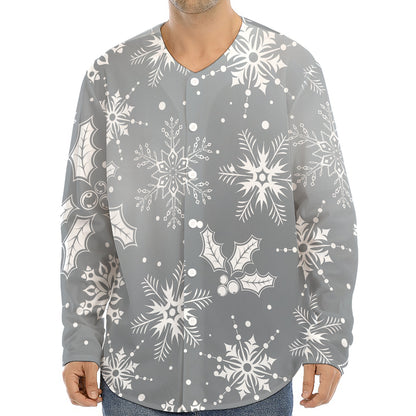 Silver And White Snowflake Pattern Print Long Sleeve Baseball Jersey