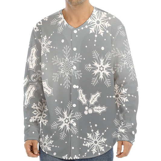 Silver And White Snowflake Pattern Print Long Sleeve Baseball Jersey