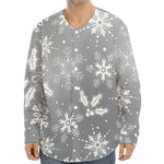 Silver And White Snowflake Pattern Print Long Sleeve Baseball Jersey