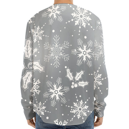 Silver And White Snowflake Pattern Print Long Sleeve Baseball Jersey