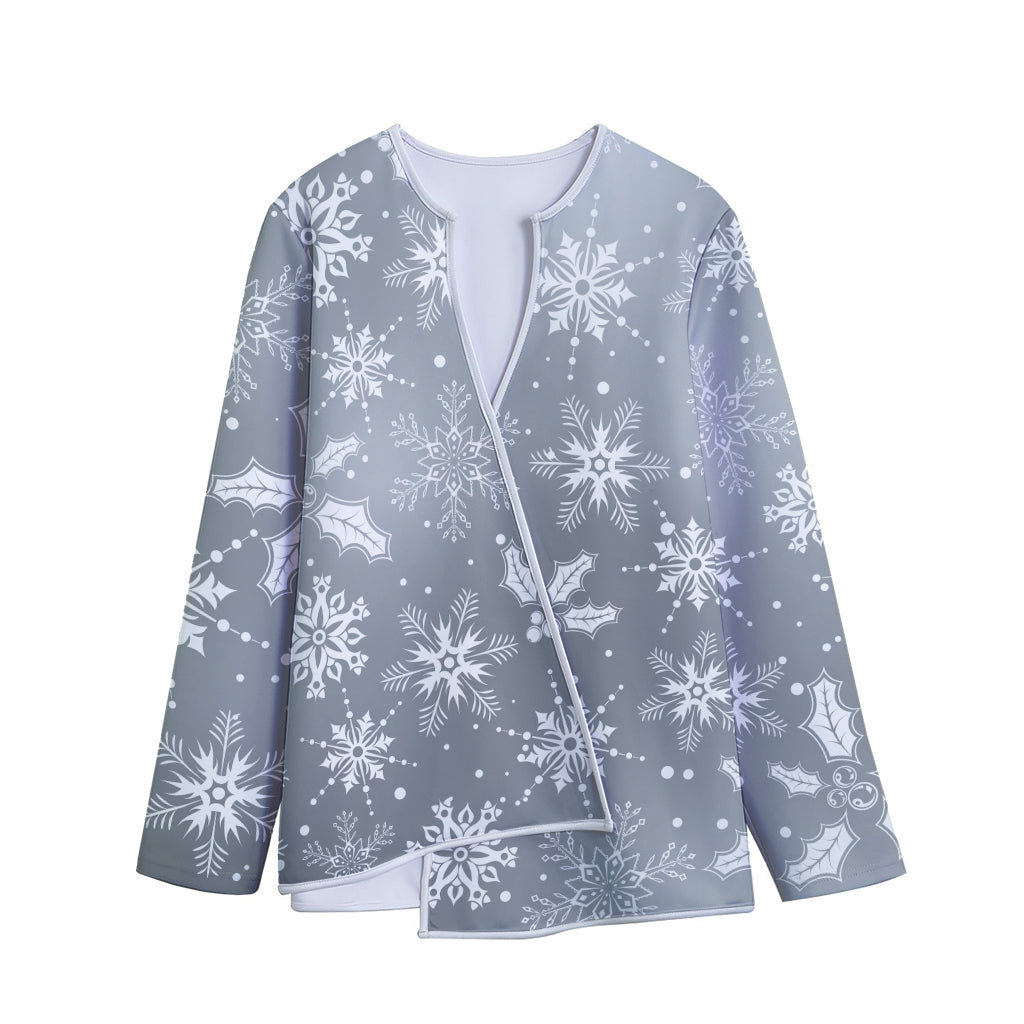 Silver And White Snowflake Pattern Print Long Sleeve Short Coat
