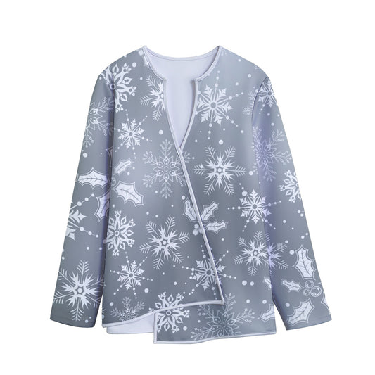 Silver And White Snowflake Pattern Print Long Sleeve Short Coat