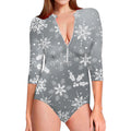 Silver And White Snowflake Pattern Print Long Sleeve Swimsuit