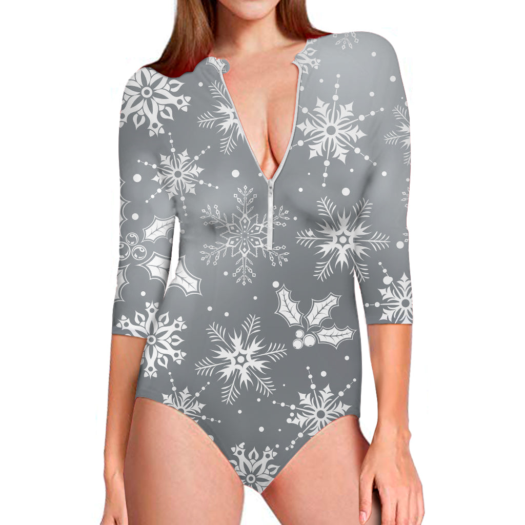 Silver And White Snowflake Pattern Print Long Sleeve Swimsuit