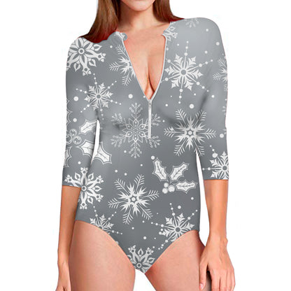 Silver And White Snowflake Pattern Print Long Sleeve Swimsuit