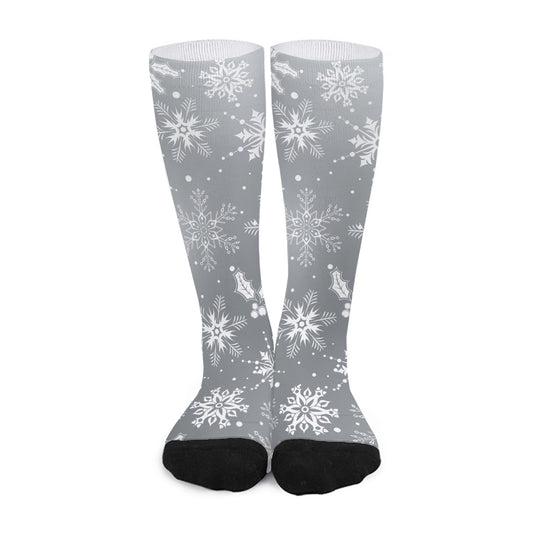 Silver And White Snowflake Pattern Print Long Socks