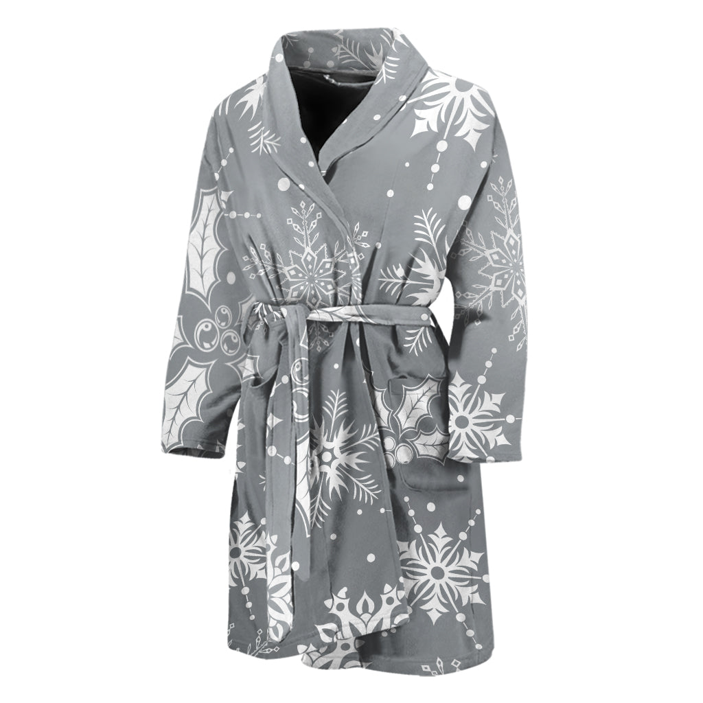 Silver And White Snowflake Pattern Print Men's Bathrobe