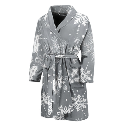 Silver And White Snowflake Pattern Print Men's Bathrobe