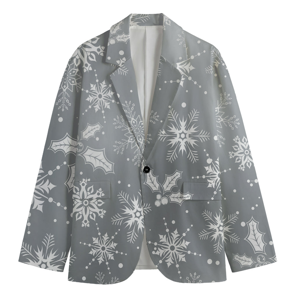 Silver And White Snowflake Pattern Print Men's Blazer