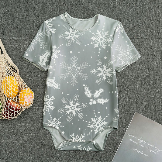 Silver And White Snowflake Pattern Print Men's Bodysuit