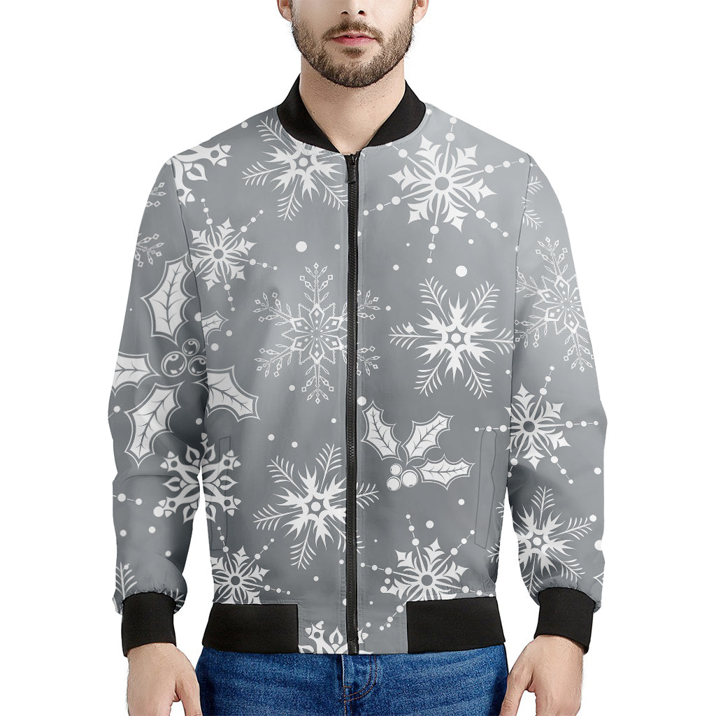 Silver And White Snowflake Pattern Print Men's Bomber Jacket