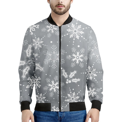 Silver And White Snowflake Pattern Print Men's Bomber Jacket