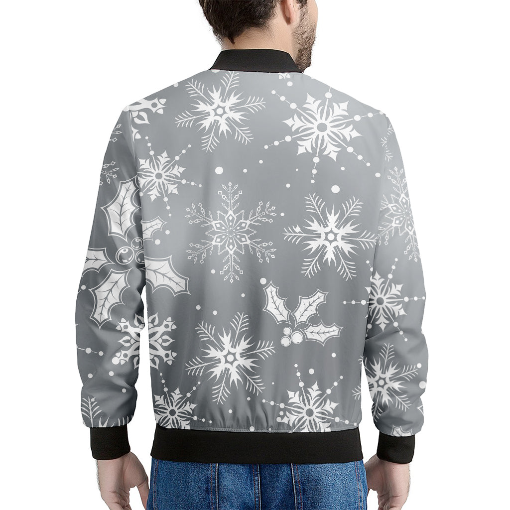 Silver And White Snowflake Pattern Print Men's Bomber Jacket