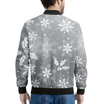 Silver And White Snowflake Pattern Print Men's Bomber Jacket