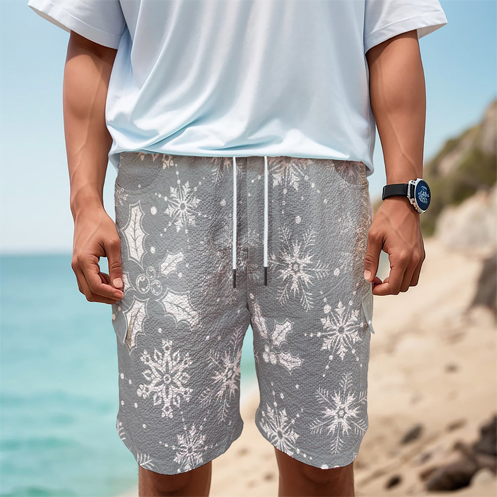 Silver And White Snowflake Pattern Print Men's Cargo Shorts