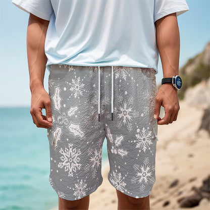 Silver And White Snowflake Pattern Print Men's Cargo Shorts