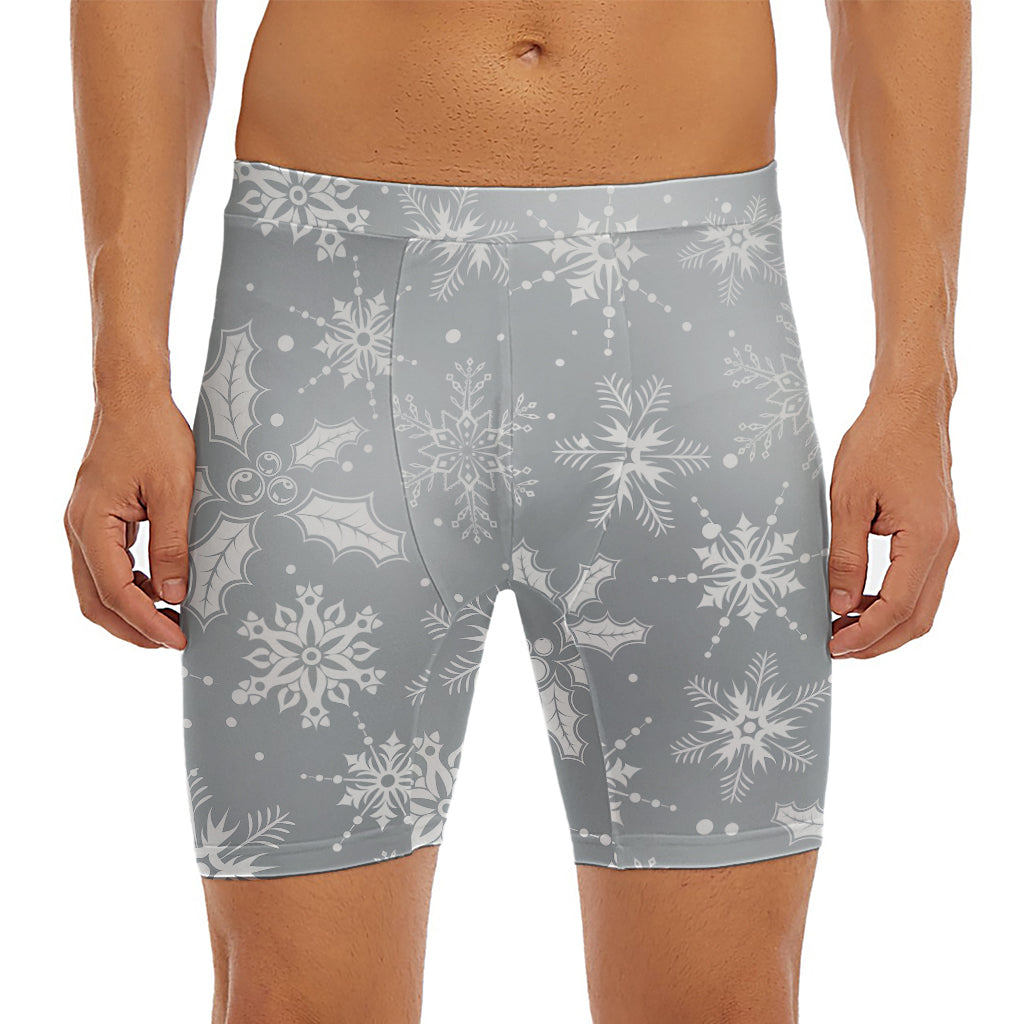 Silver And White Snowflake Pattern Print Men's Long Boxer Briefs