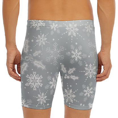 Silver And White Snowflake Pattern Print Men's Long Boxer Briefs