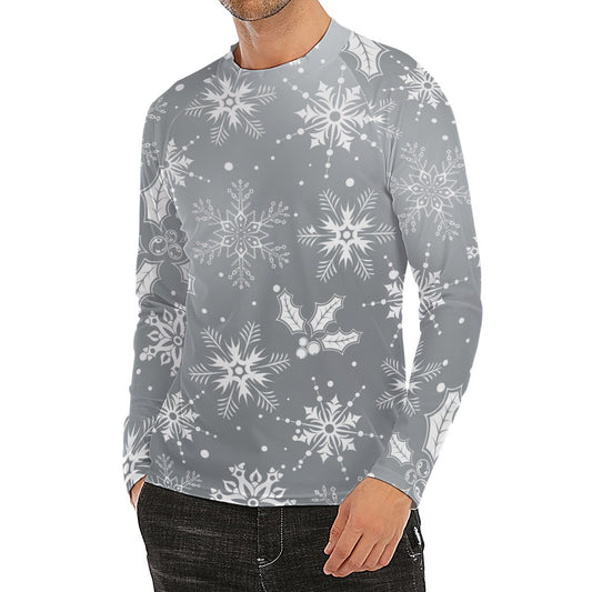 Silver And White Snowflake Pattern Print Men's Long Sleeve Rash Guard