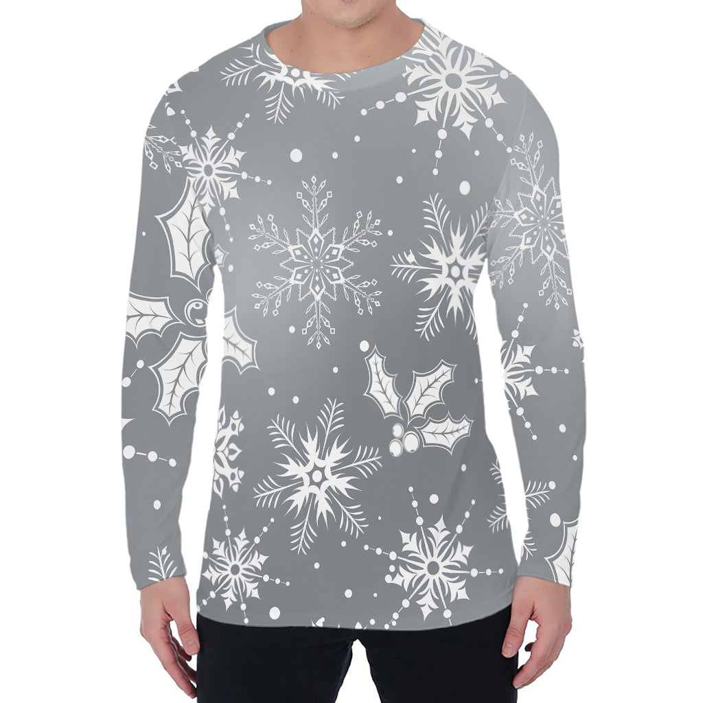 Silver And White Snowflake Pattern Print Men's Long Sleeve T-Shirt