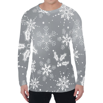 Silver And White Snowflake Pattern Print Men's Long Sleeve T-Shirt