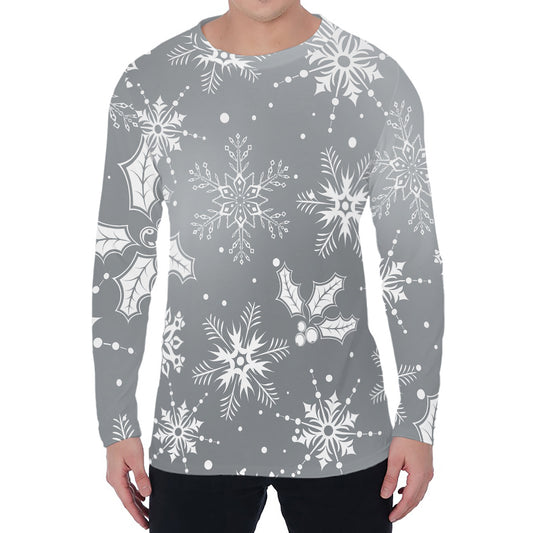 Silver And White Snowflake Pattern Print Men's Long Sleeve T-Shirt