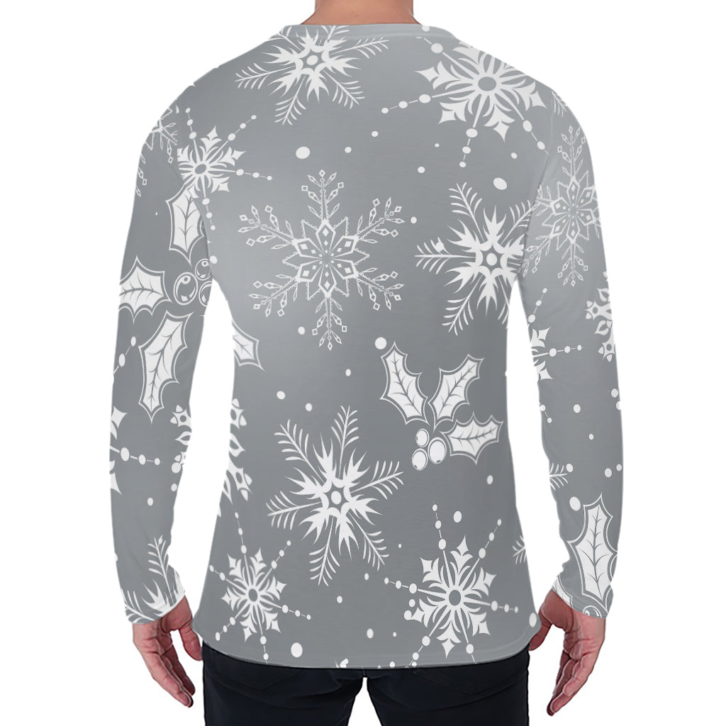 Silver And White Snowflake Pattern Print Men's Long Sleeve T-Shirt
