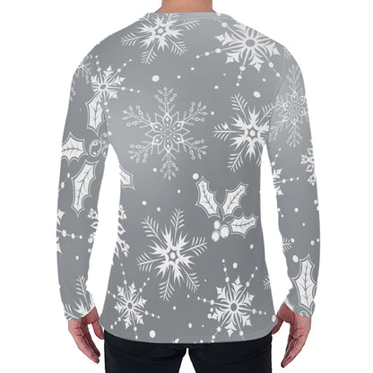 Silver And White Snowflake Pattern Print Men's Long Sleeve T-Shirt