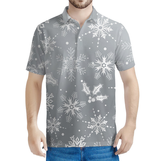 Silver And White Snowflake Pattern Print Men's Polo Shirt