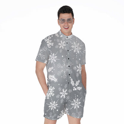 Silver And White Snowflake Pattern Print Men's Rompers