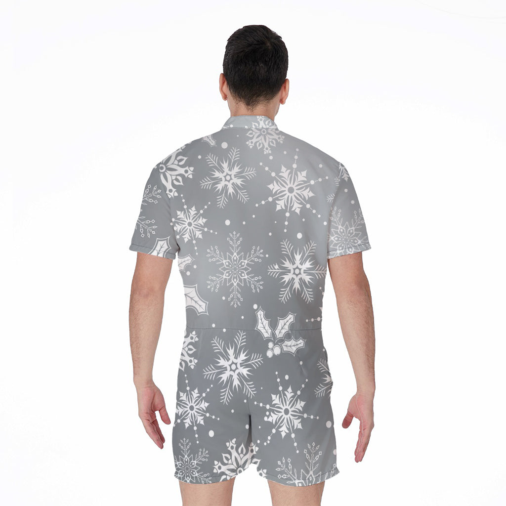 Silver And White Snowflake Pattern Print Men's Rompers