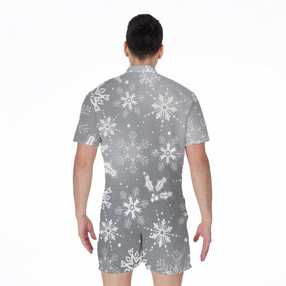 Silver And White Snowflake Pattern Print Men's Rompers