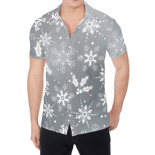 Silver And White Snowflake Pattern Print Men's Shirt