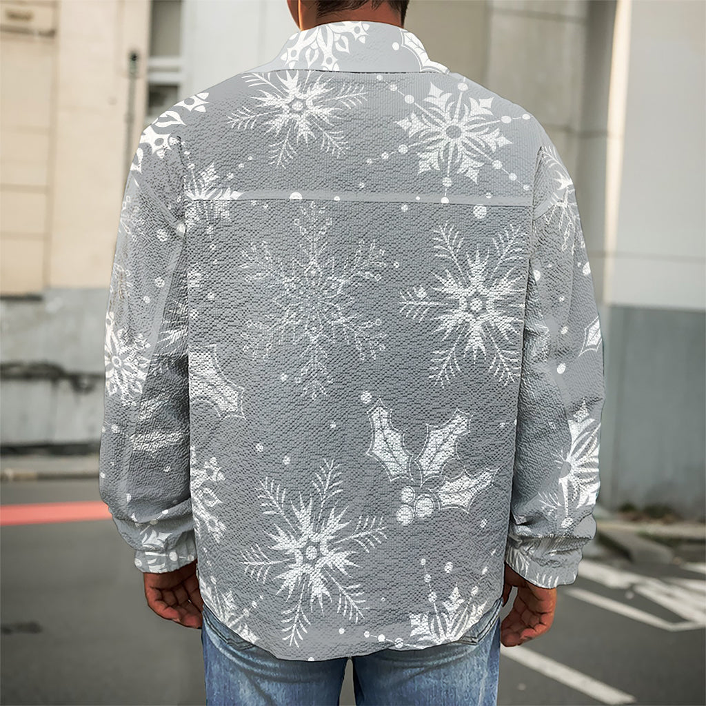 Silver And White Snowflake Pattern Print Men's Shirt Jacket