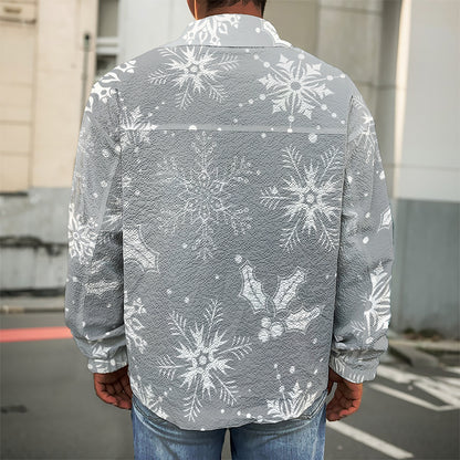 Silver And White Snowflake Pattern Print Men's Shirt Jacket